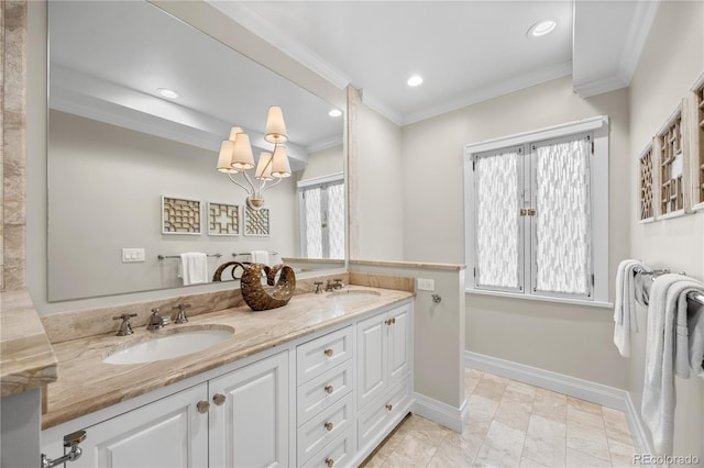 963 N Lafayette St, Denver, CO 80218 - full bathroom featuring ornamental molding, recessed lighting, baseboards, and double vanity