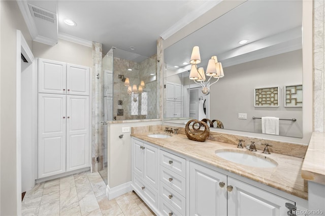 963 N Lafayette St, Denver, CO 80218 - full bathroom featuring crown molding, a stall shower, double vanity, recessed lighting, and marble look tiles