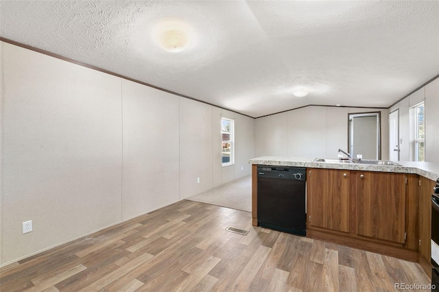 kitchen with a textured ceiling, sink, light hardwood / wood-style flooring, dishwasher, and lofted ceiling