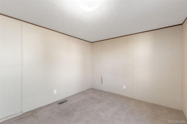 carpeted empty room with ornamental molding and a textured ceiling