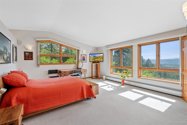 857 Pawnee Trl, Castle Rock, CO 80108 - carpeted bedroom with vaulted ceiling, a baseboard radiator, and multiple windows