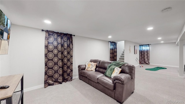 living room featuring stairway, recessed lighting, baseboards, and carpet