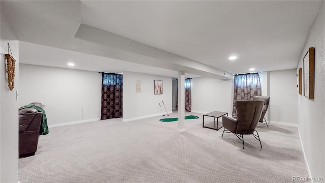 living area with recessed lighting, carpet, and baseboards