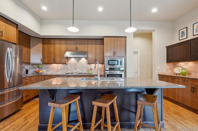 kitchen with stainless steel appliances, a sink, under cabinet range hood, tasteful backsplash, and light wood-type flooring
