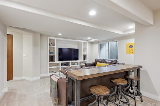 bar featuring light carpet, baseboards, recessed lighting, and built in shelves