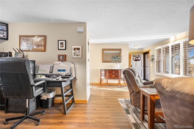 office with a textured ceiling and light hardwood / wood-style flooring