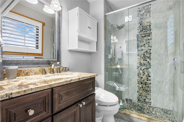 bathroom with vanity, a shower with door, and toilet