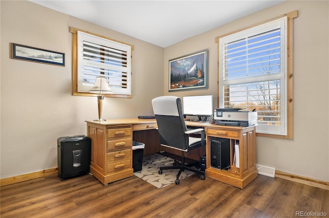 office area with dark hardwood / wood-style floors