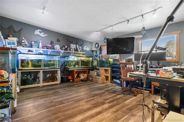 interior space with hardwood / wood-style flooring and rail lighting