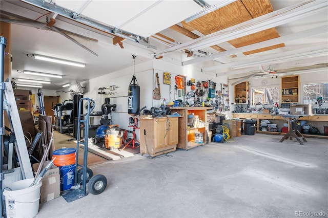 garage with a workshop area