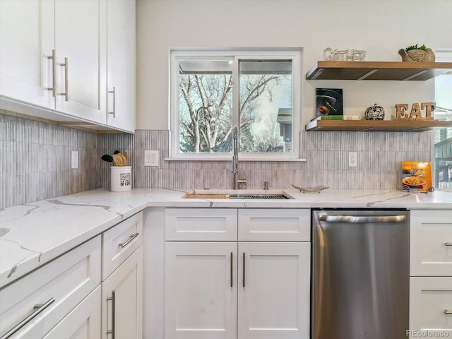 kitchen featuring white cabinetry, light stone countertops, sink, stainless steel dishwasher, and backsplash