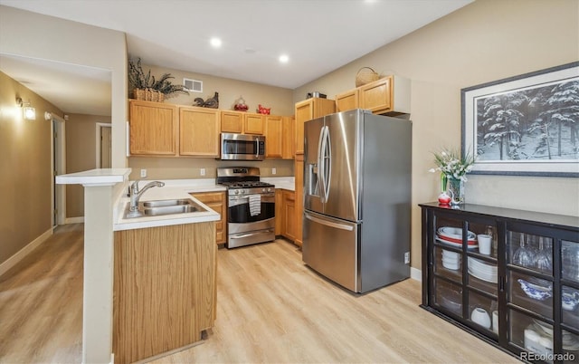 3847 Mossy Rock Dr Unit 104, Highlands Ranch, CO 80126 - kitchen with stainless steel appliances, a sink, light wood-type flooring, a peninsula, and light countertops
