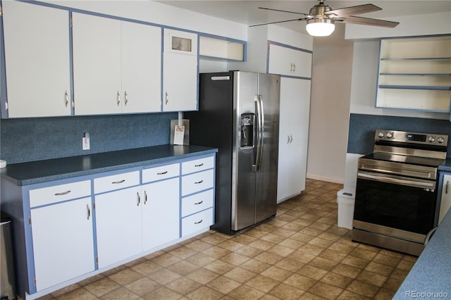 820 Walnut St, Julesburg, CO 80737 - kitchen featuring appliances with stainless steel finishes, a ceiling fan, dark countertops, and white cabinets