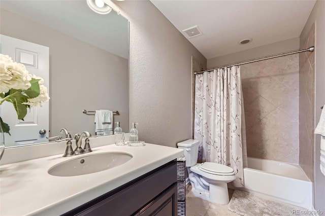 12631 Glencoe St, Thornton, CO 80241 - full bath featuring vanity, shower / bathtub combination with curtain, tile patterned floors, and a textured wall