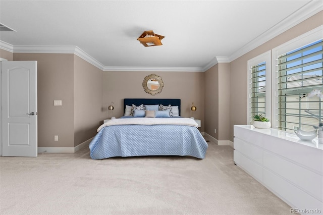 bedroom with visible vents, baseboards, crown molding, and light colored carpet