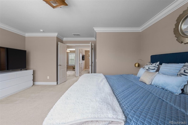 bedroom with light carpet, baseboards, visible vents, and crown molding