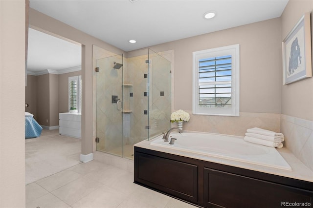 full bath with a garden tub, recessed lighting, ornamental molding, a stall shower, and baseboards