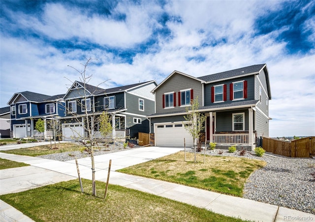 craftsman inspired home with an attached garage, a porch, driveway, and a residential view