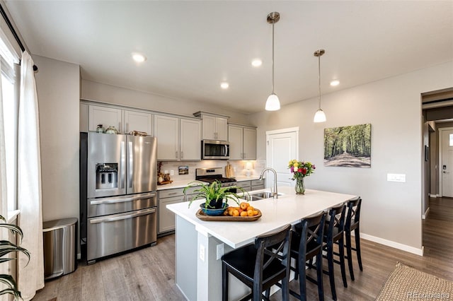 kitchen with appliances with stainless steel finishes, gray cabinetry, a sink, wood finished floors, and recessed lighting