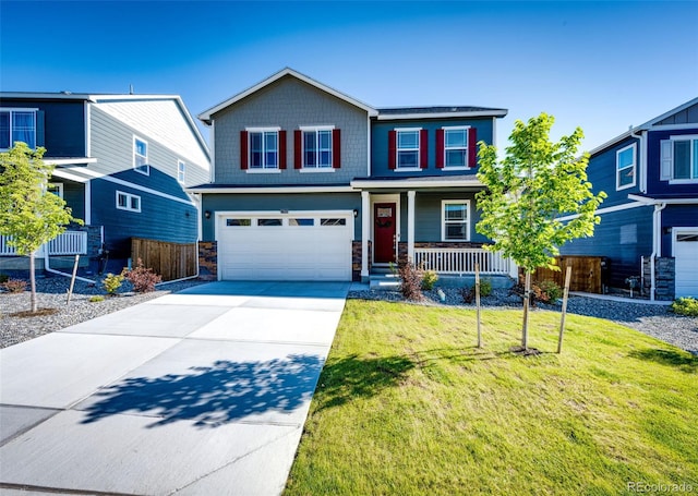 17955 Sky Pilot Ave, Parker, CO 80134 - craftsman house with a garage, a porch, stone siding, and concrete driveway