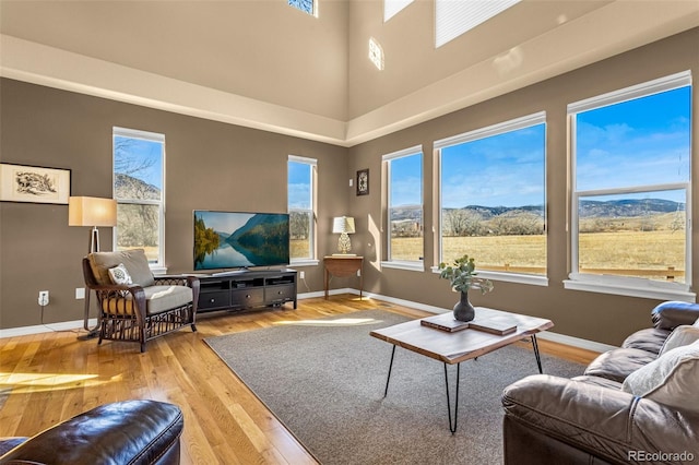 living area featuring a towering ceiling, baseboards, and wood finished floors