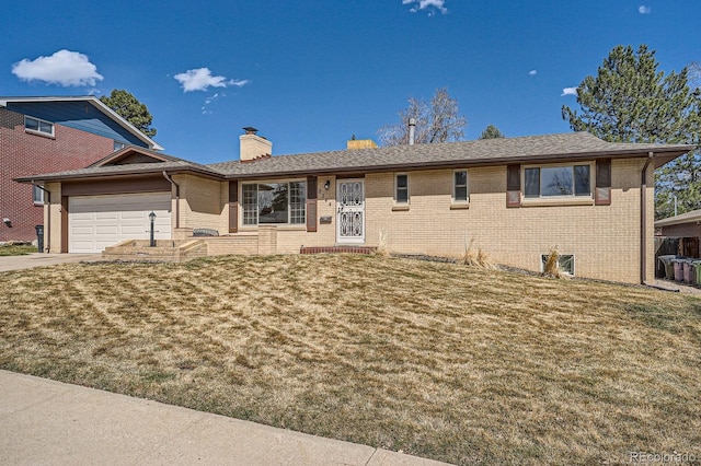 ranch-style house with a front yard, a garage, brick siding, and a chimney