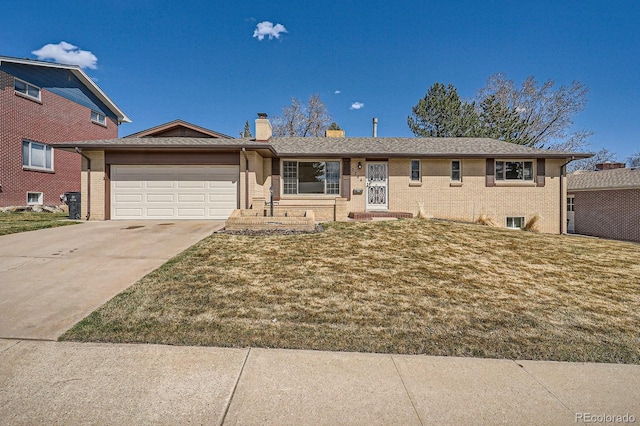 ranch-style home with driveway, a chimney, a front lawn, a garage, and brick siding