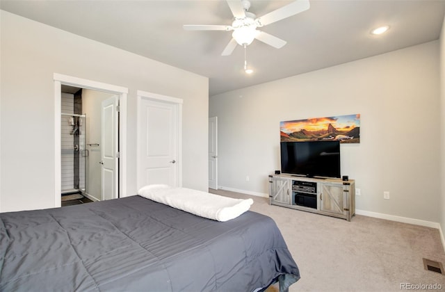 5477 Passport Vw, Colorado Springs, CO 80922 - carpeted bedroom with baseboards, recessed lighting, ensuite bath, and ceiling fan