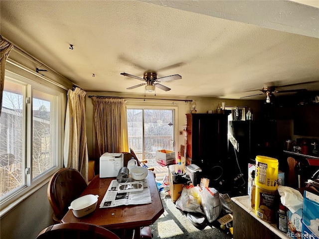 interior space featuring a textured ceiling and ceiling fan