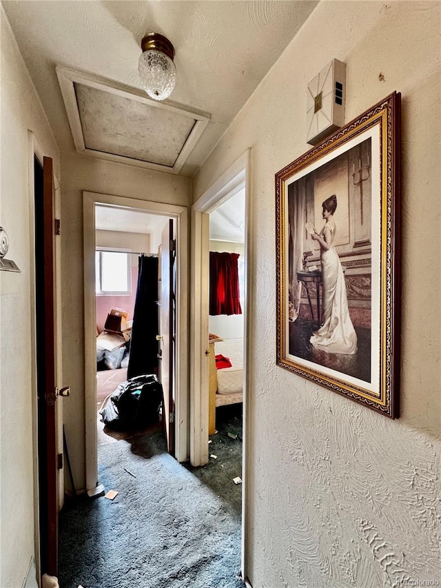 corridor featuring carpet, attic access, and a textured wall