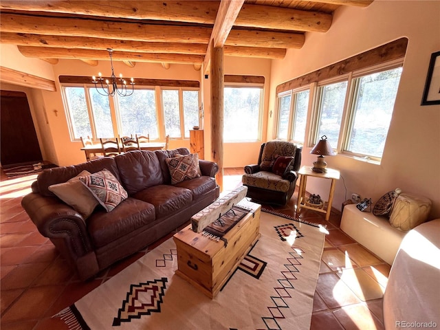 tiled living room featuring a wealth of natural light, wood ceiling, a notable chandelier, and beamed ceiling