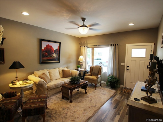 219 Summitview Ln, Poncha Springs, CO 81201 - living area with dark wood-style flooring, ceiling fan, and recessed lighting