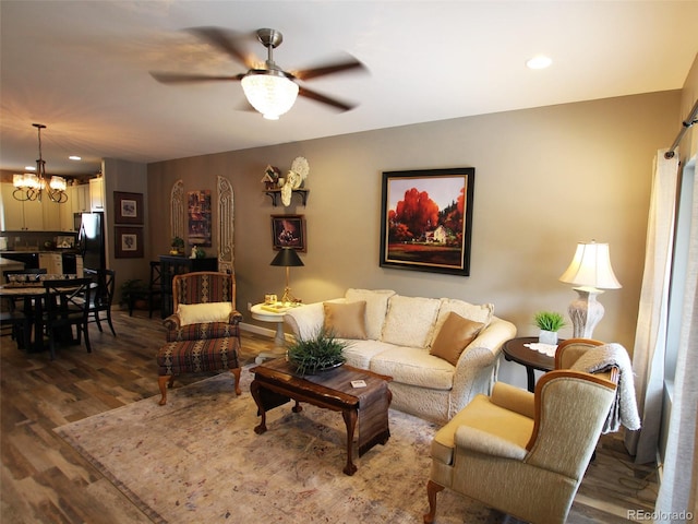 219 Summitview Ln, Poncha Springs, CO 81201 - living room with a ceiling fan, a chandelier, wood finished floors, and recessed lighting