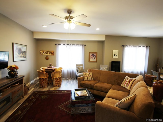 219 Summitview Ln, Poncha Springs, CO 81201 - living area with a ceiling fan, dark wood-type flooring, and recessed lighting