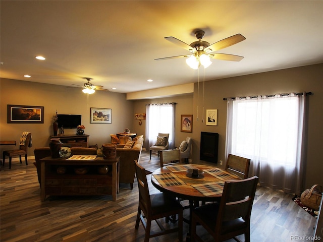 219 Summitview Ln, Poncha Springs, CO 81201 - dining space featuring a ceiling fan, dark wood-style floors, and recessed lighting