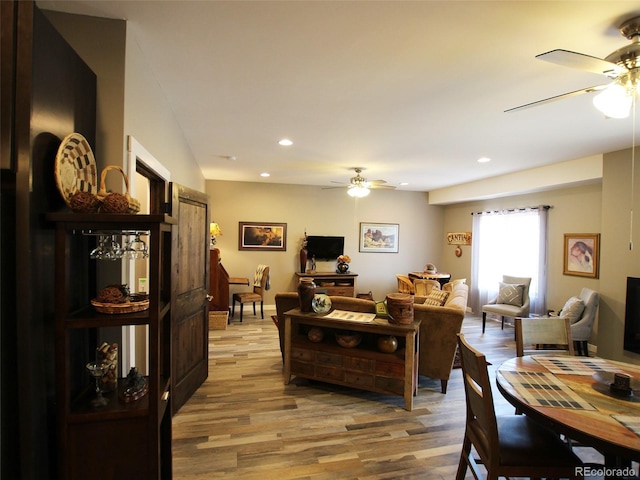 219 Summitview Ln, Poncha Springs, CO 81201 - living room featuring a ceiling fan, light wood-style flooring, and recessed lighting