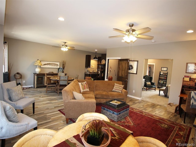 219 Summitview Ln, Poncha Springs, CO 81201 - living room featuring ceiling fan, light wood-type flooring, and recessed lighting