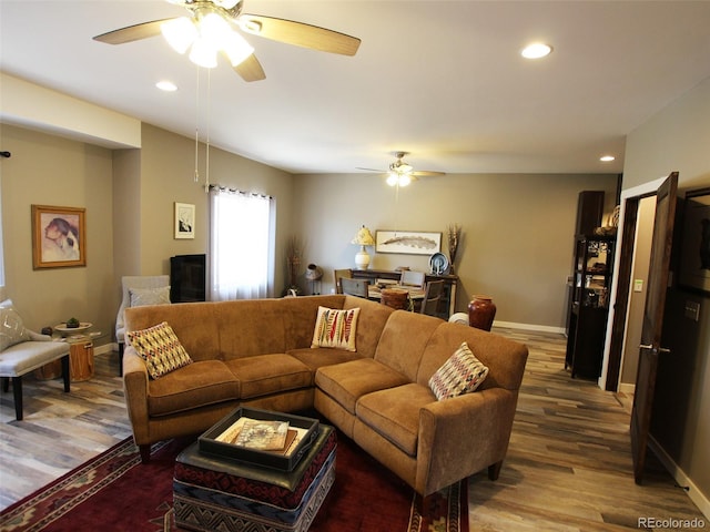 219 Summitview Ln, Poncha Springs, CO 81201 - living room featuring a ceiling fan, recessed lighting, and wood finished floors