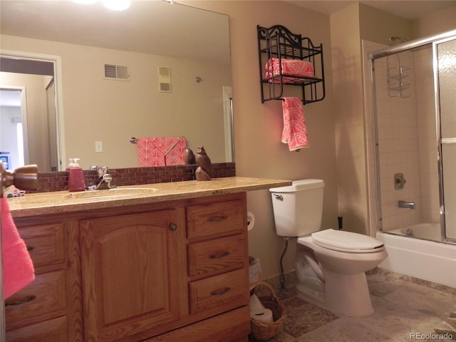 full bathroom with toilet, combined bath / shower with glass door, tasteful backsplash, vanity, and tile patterned flooring