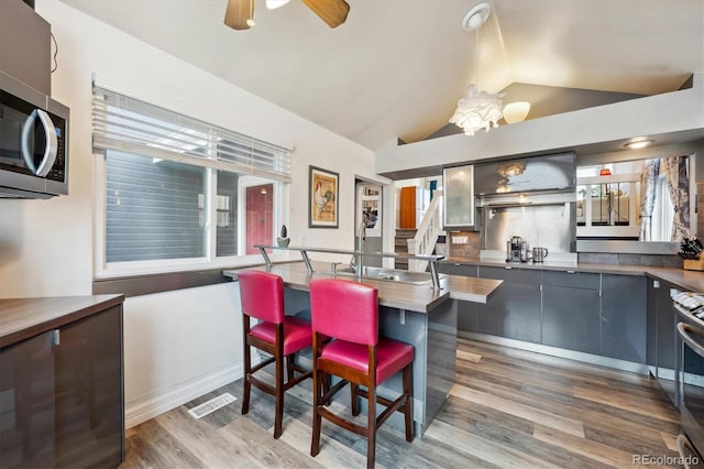 kitchen with hardwood / wood-style flooring, plenty of natural light, and lofted ceiling