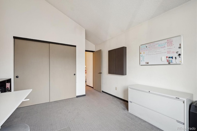 unfurnished office with a textured ceiling, light colored carpet, and lofted ceiling