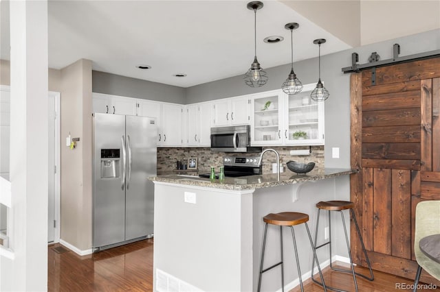 6858 Zenobia St Unit 9, Westminster, CO 80030 - kitchen with stainless steel appliances, dark wood-style flooring, light stone counters, a peninsula, and backsplash
