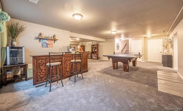 6765 Windbrook Ct, Colorado Springs, CO 80927 - playroom with a dry bar, a textured ceiling, carpet, and billiards table
