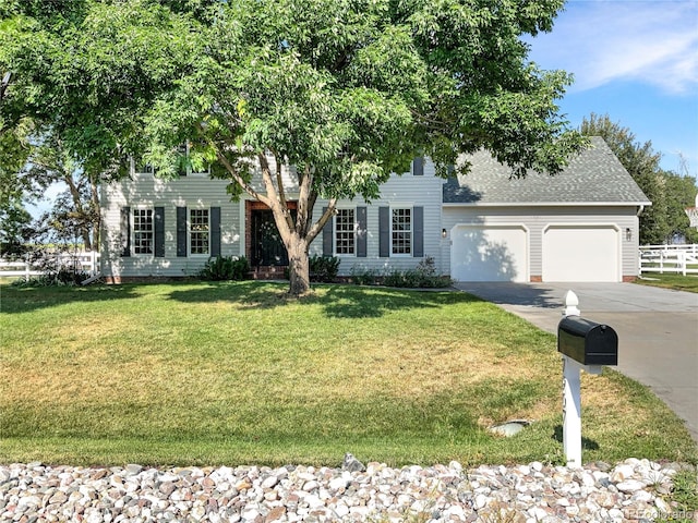 colonial-style house with a garage and a front yard