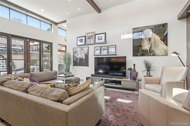 621 Kearney St, Denver, CO 80220 - carpeted living room featuring a high ceiling and beam ceiling