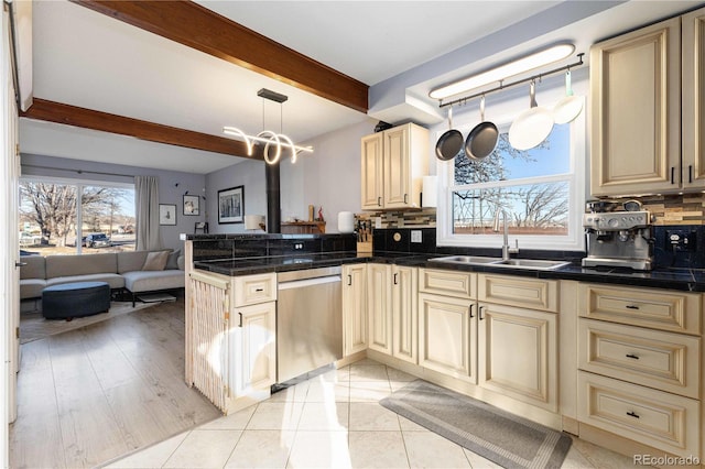 kitchen featuring sink, decorative light fixtures, dishwasher, kitchen peninsula, and decorative backsplash