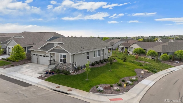 15604 Xenia Way, Brighton, CO 80602 - view of front of property with a residential view, driveway, a front yard, a garage, and stone siding