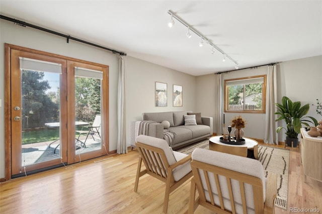 living room featuring light wood-type flooring and track lighting