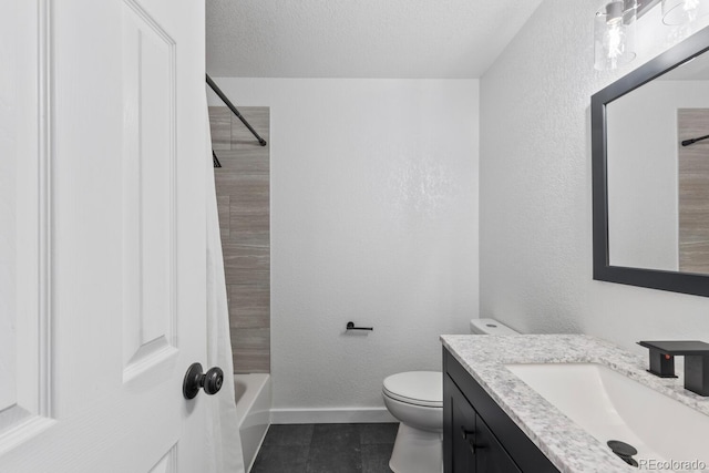 full bathroom featuring shower / bath combo, toilet, tile patterned flooring, vanity, and a textured ceiling