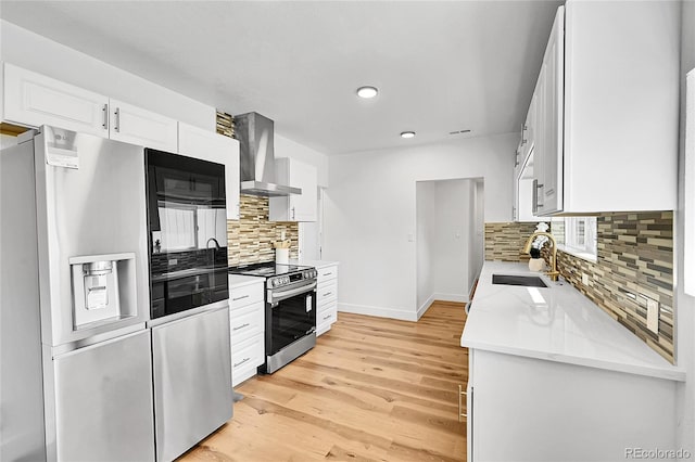 16130 Mt Vernon Rd, Golden, CO 80401 - kitchen with appliances with stainless steel finishes, wall chimney range hood, a sink, decorative backsplash, and white cabinetry